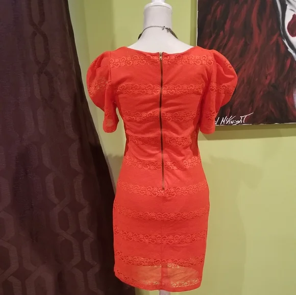 Bright Orange Mini Dress With Puff Sleeves - Picture 3 of 3